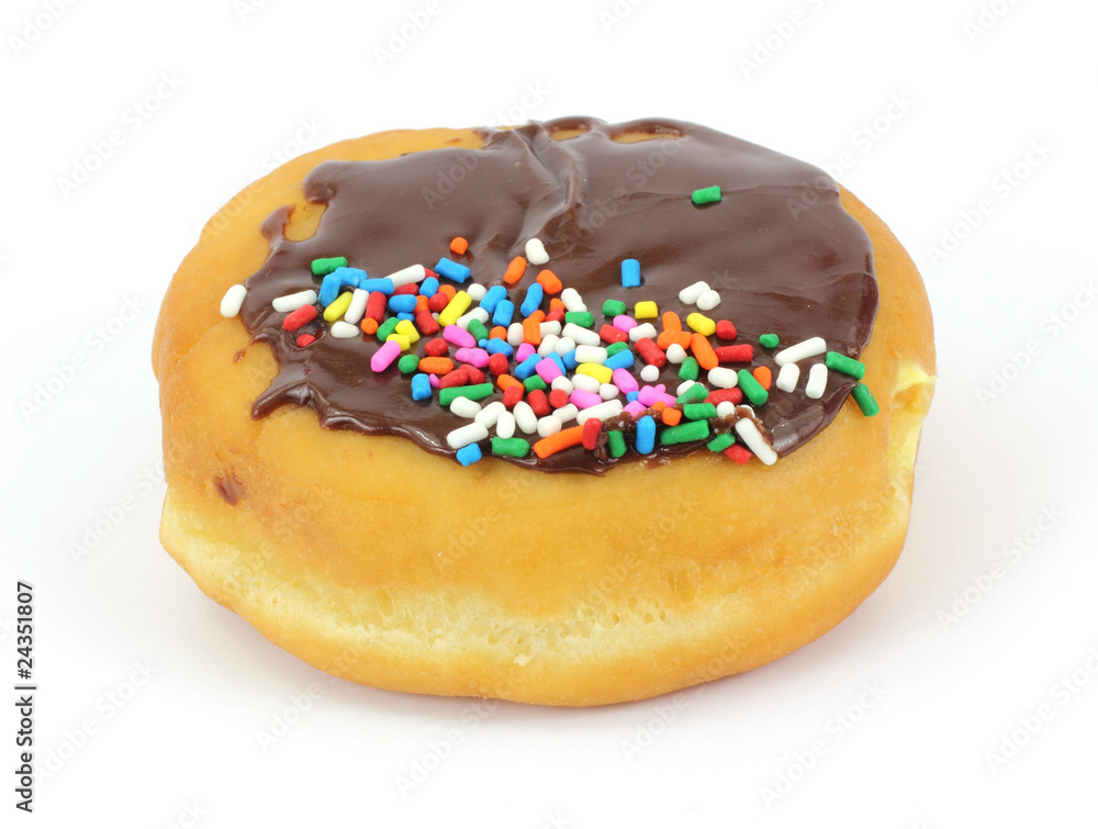 Filled donut with chocolate icing and sprinkles Filled donut with chocolate icing and sprinkles