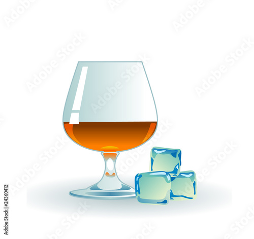 Glass of whiskey with ice on white.