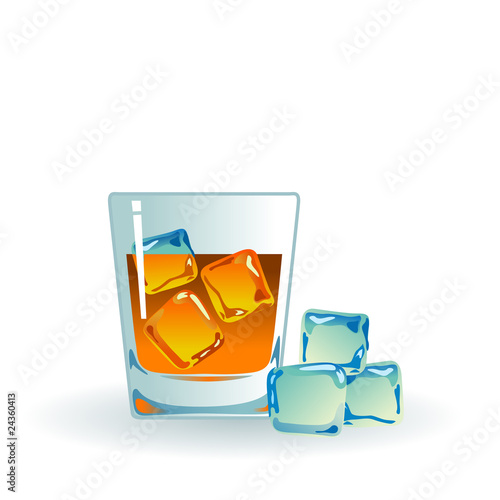 Single malt whiskey with ice on white.