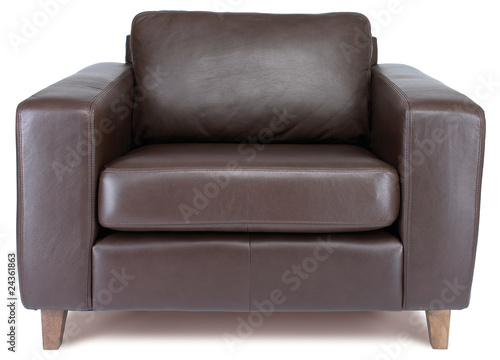 фотографія comfy brown leather armchair on a white background