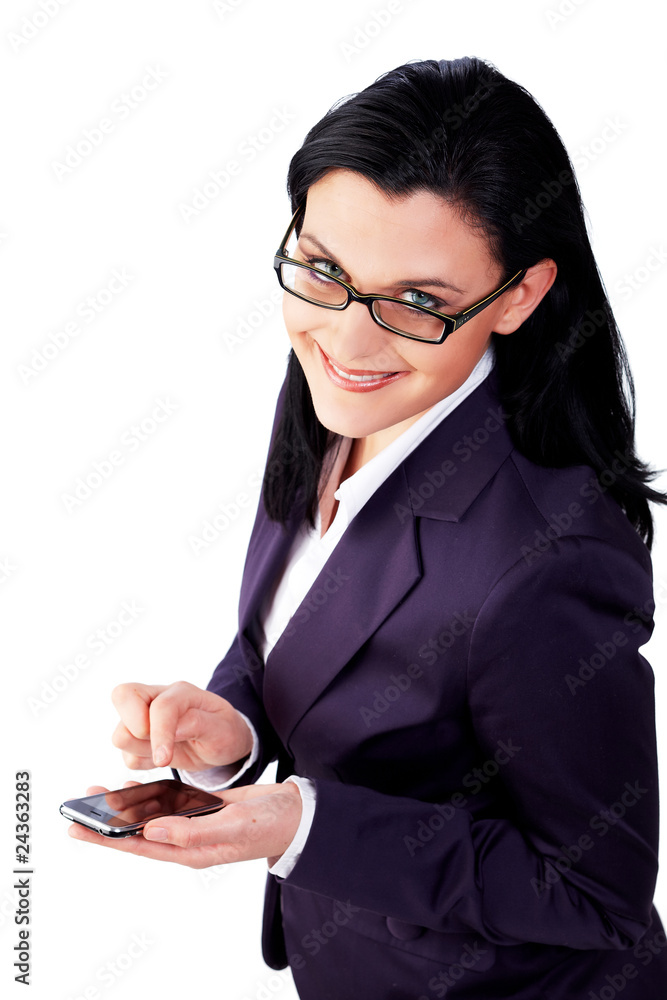young business woman with smartphone, smiling young business woman with smartphone, smiling