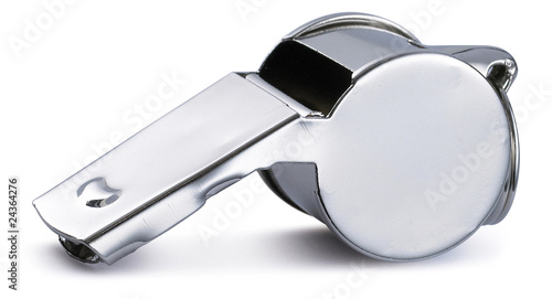 chrome silver referee pea whistle on a white background