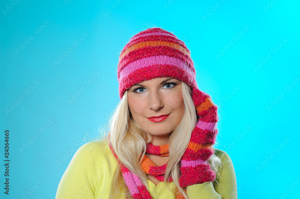 Seasonal portrait of pretty funny woman in hat and gloves smilin Seasonal portrait of pretty funny woman in hat and gloves smilin