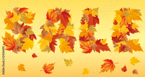 Text "sale" is written wirth many autumn leaves, vector