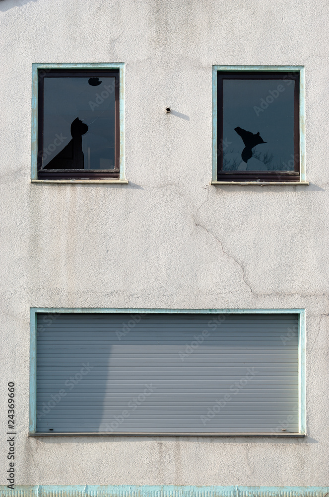 Fototapeta premium Wall of abandoned house similar to laughing or crying face