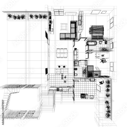 pianta ortogonale casa wireframe cad arredamento photo