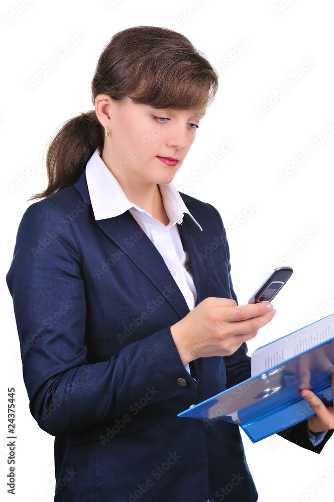 Attractive businesswoman with cellphone and folders Attractive businesswoman with cellphone and folders