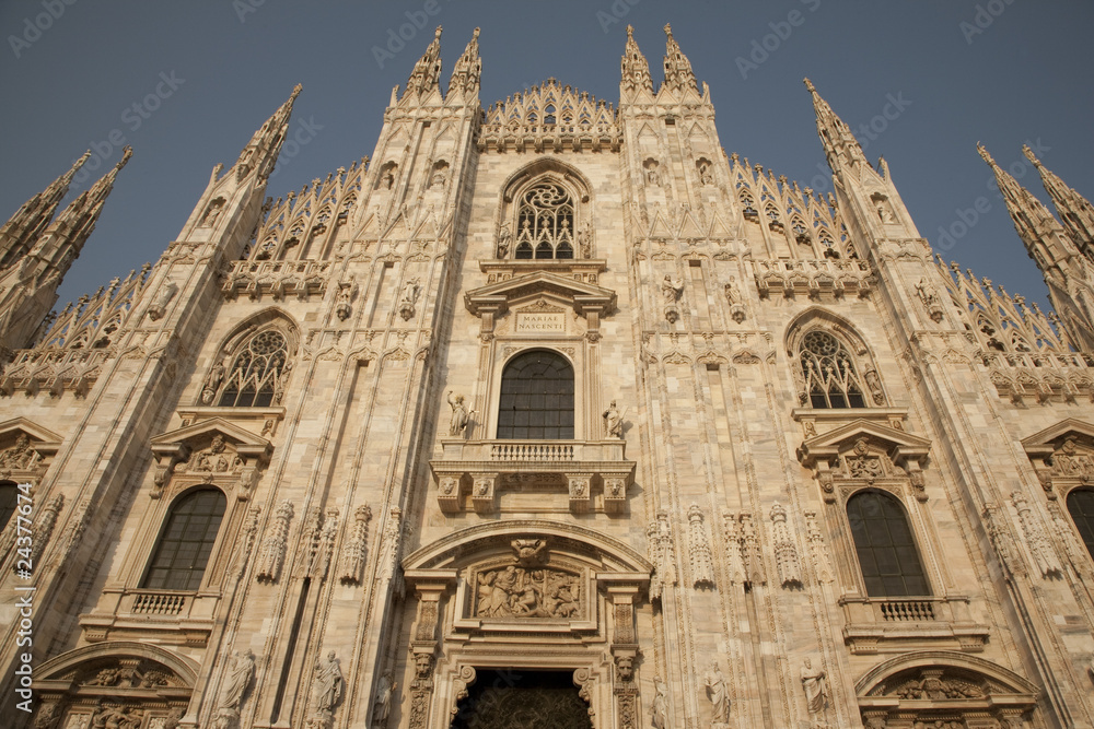 Looking up at the Duomo Cathedral Church in Milan, Italy