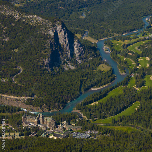 Bird's eye view of Banff with view of Banff Springs Hotel
