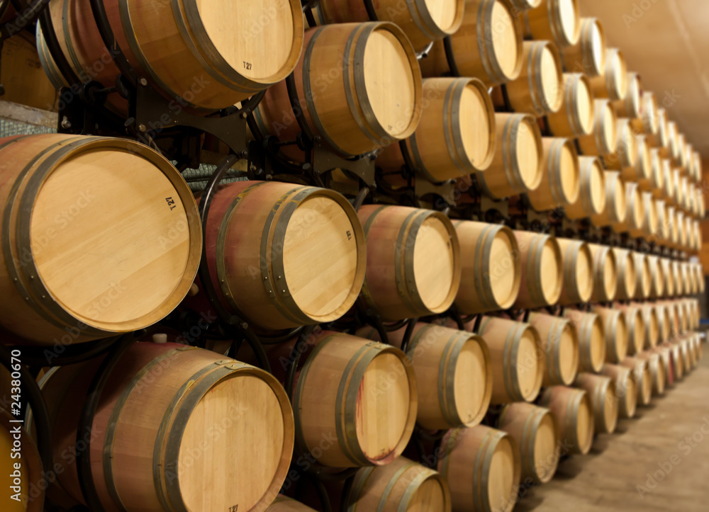 Stack of oak wine barrels