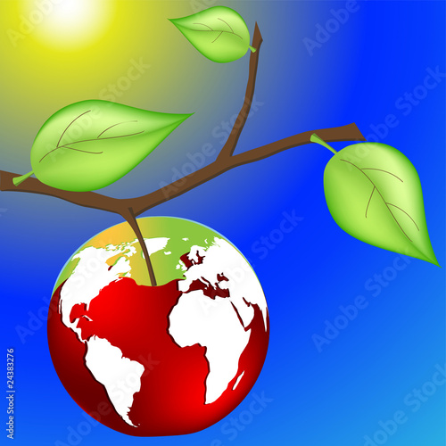 Earth on branch with green leafs
