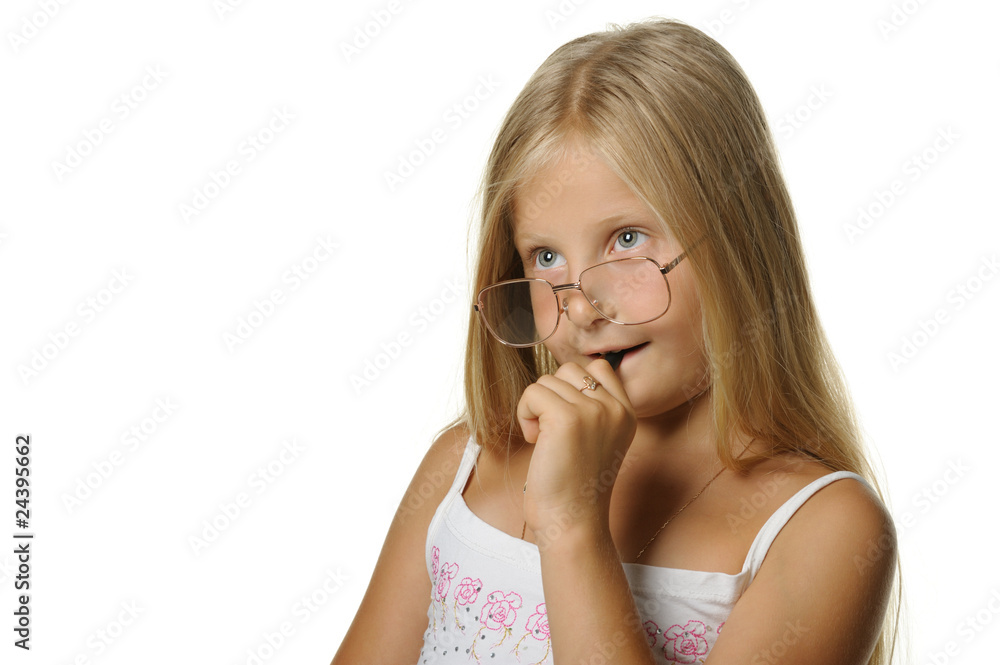 The thoughtful girl the blonde in glasses and with pen The thoughtful girl the blonde in glasses and with pen
