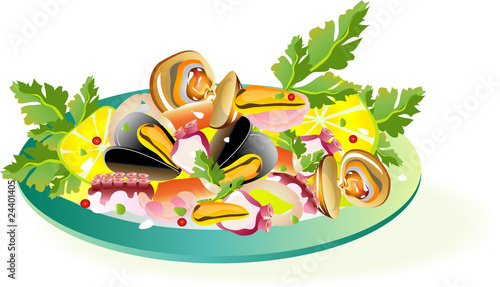 Salad dish with fish crustacean and vegetable 