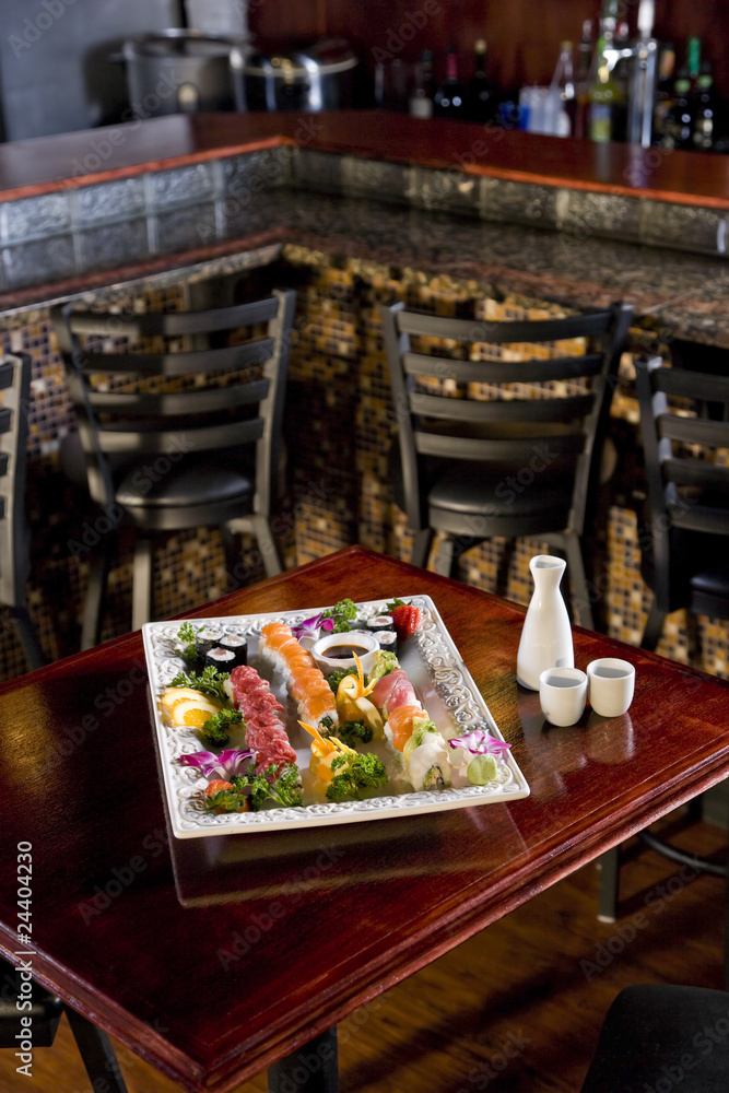 Platter of sushi on table in Japanese restaurant Platter of sushi on table in Japanese restaurant
