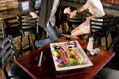 Platter of sushi on table in Japanese restaurant