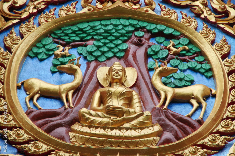 Fototapeta premium art on gable of temple, Wat Kwan Muang, Borabue, Mahasarakam
