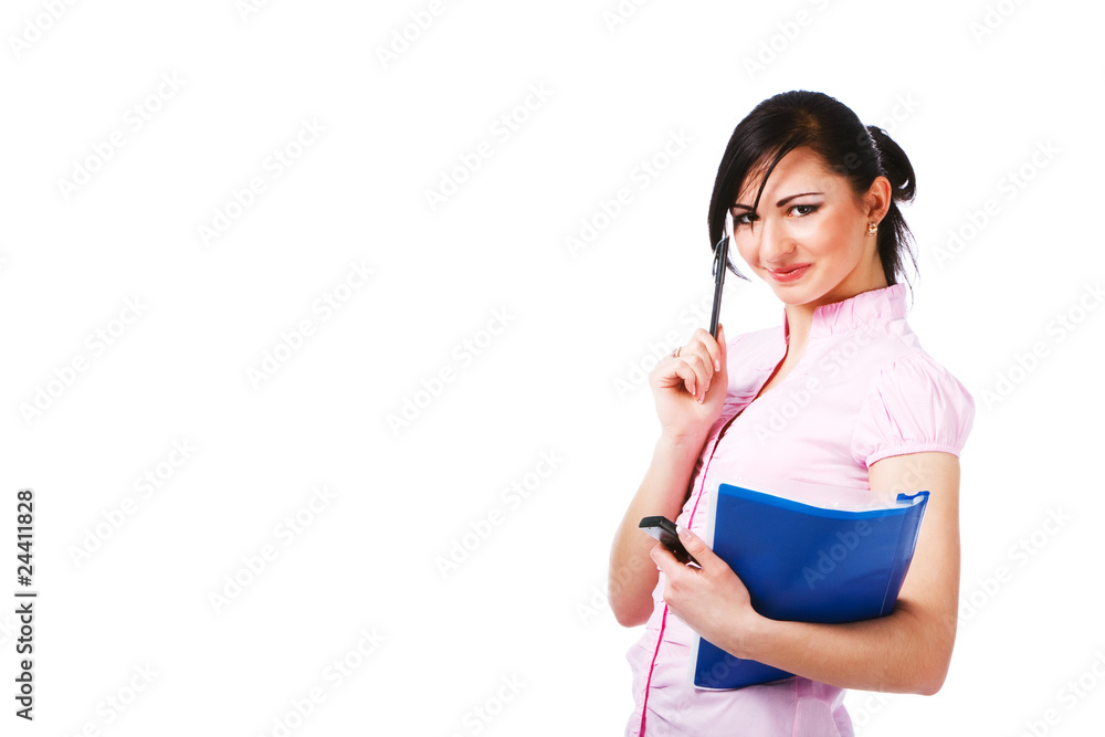 Attractive young girl in pink blouse with papers Attractive young girl in pink blouse with papers