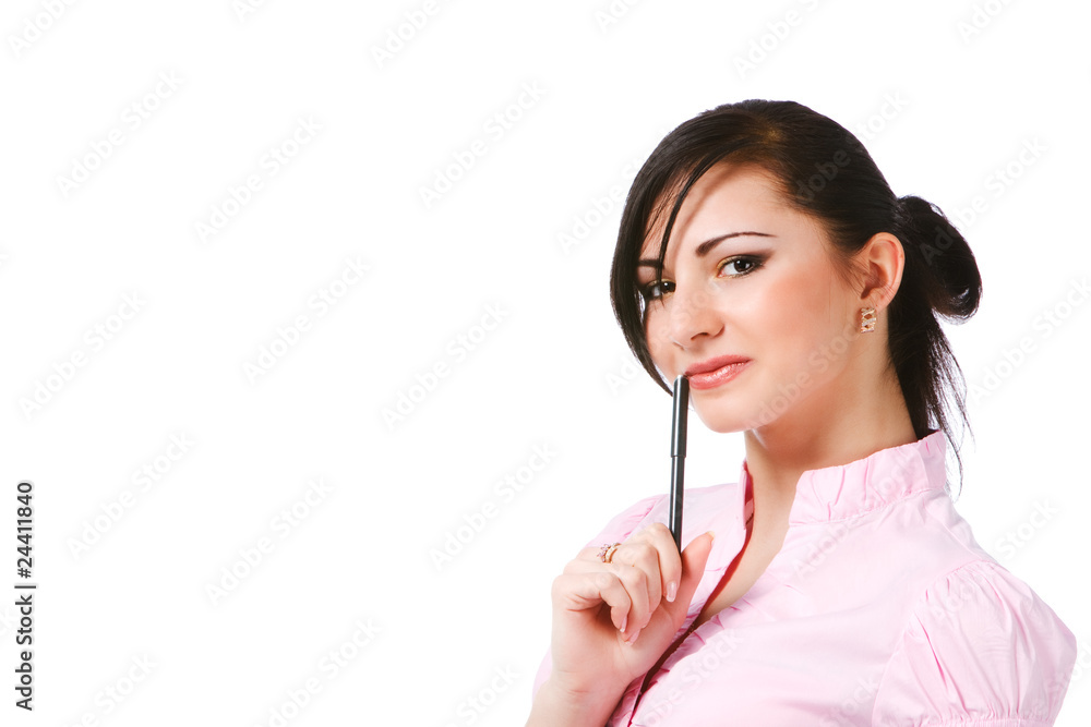 Attractive young girl in pink blouse with papers Attractive young girl in pink blouse with papers