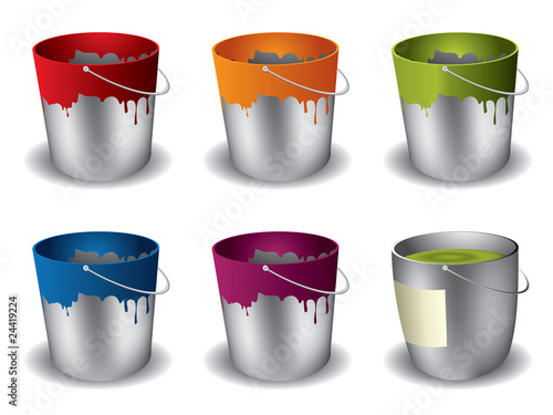 Six colorful paint cans