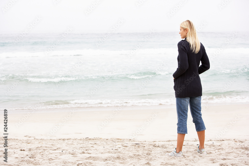 Young Woman On Holiday Standing On Winter Beach Young Woman On Holiday Standing On Winter Beach