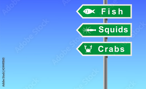 Sign fish squids crabs on sky background.