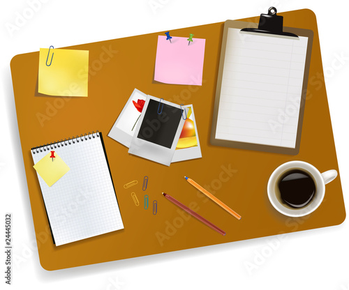 Office supplies laying on the board. Vector.
