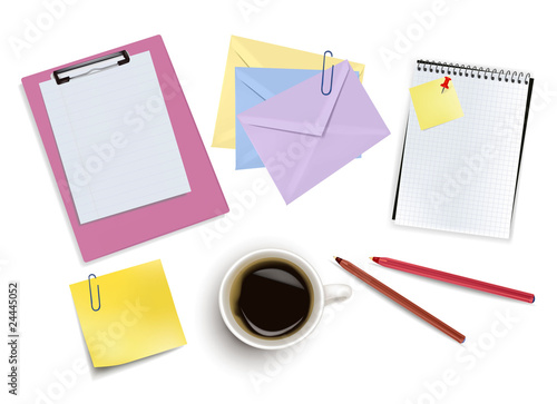 Office supplies and a cup of coffee. Vector.