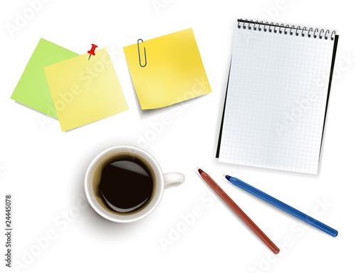 Sticker notes and a cup of coffee. Photo-realistic vector.