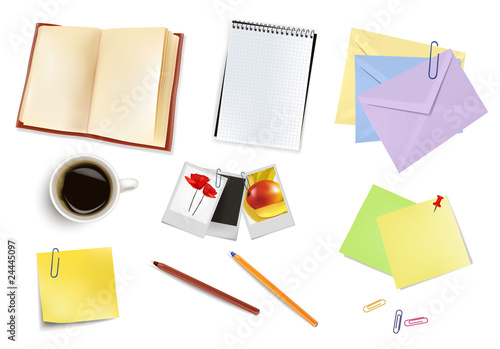 Photo frames, notebook, pen and a cup of coffee. Vector.
