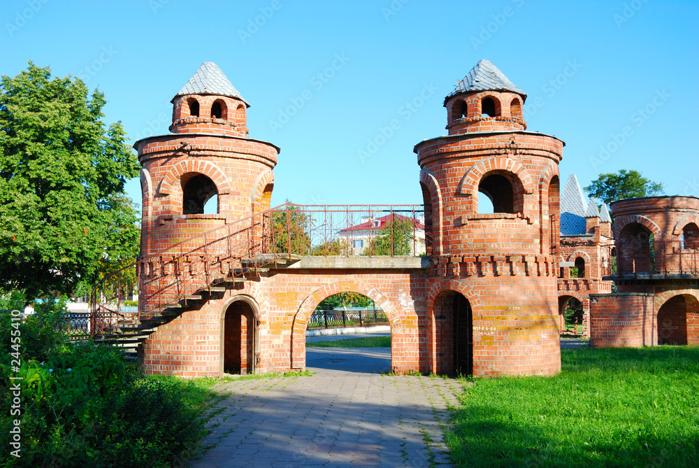 Towers connected by the bridge and a path