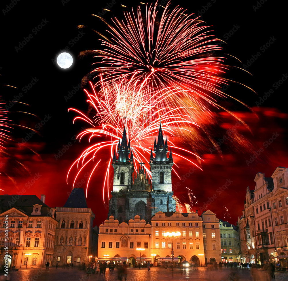 Fototapeta premium The Old Town Square in Prague City with a firework
