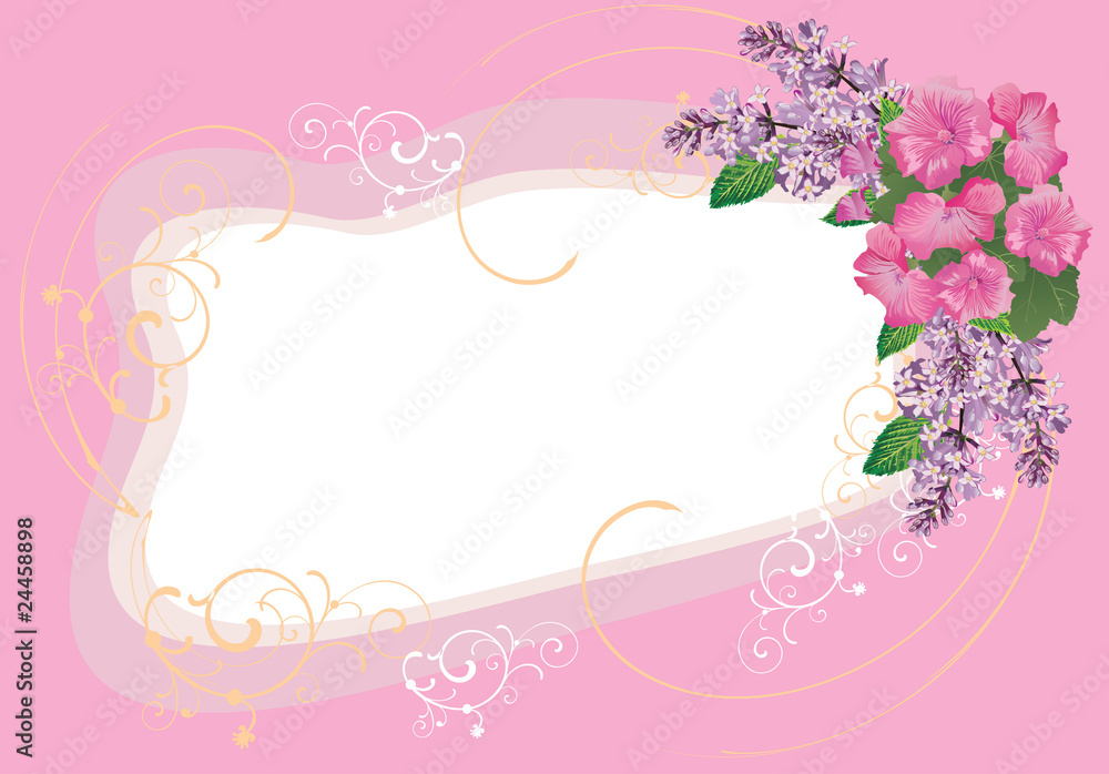 floral frame with liac flowers on pink
