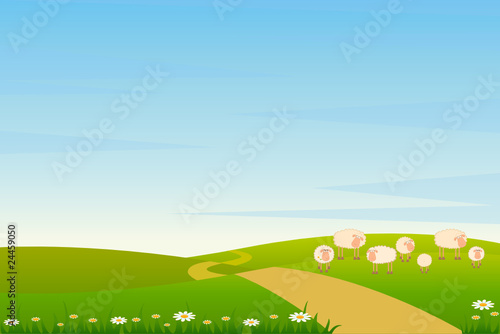 Landscape background with cartoon smiling sheep