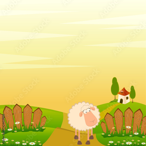 landscape background with cartoon smiling sheep