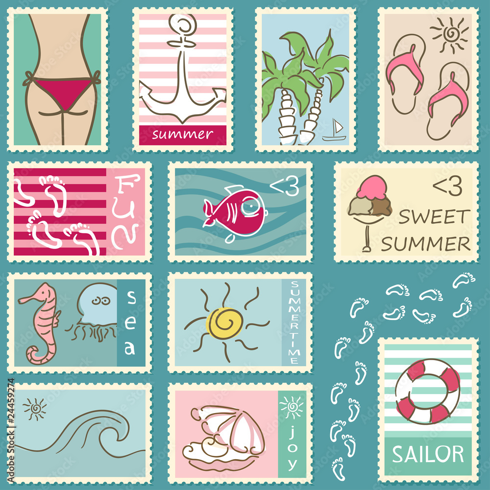 Naklejka premium summer doodle postage stamps