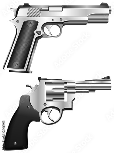 Silver pistol and revolver.