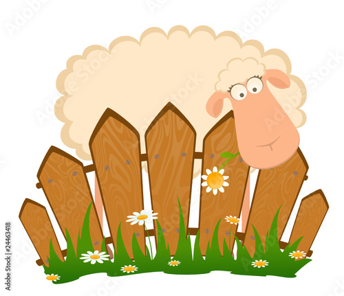 Vector cartoon smiling sheep after a fence