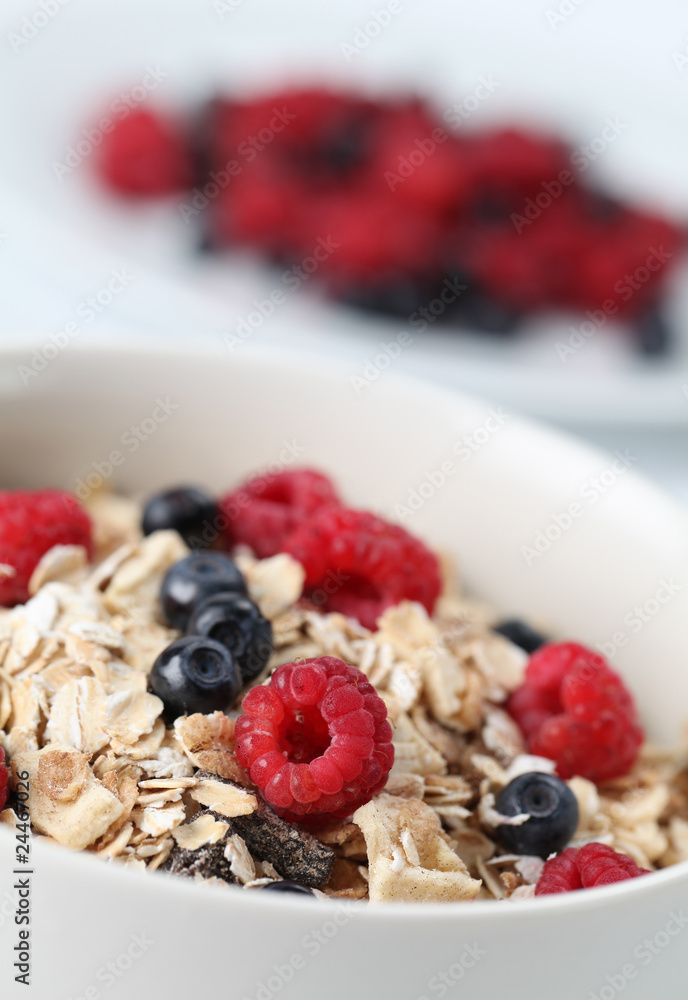 Granola with raspberries and blueberries. Shallow DOF Granola with raspberries and blueberries. Shallow DOF