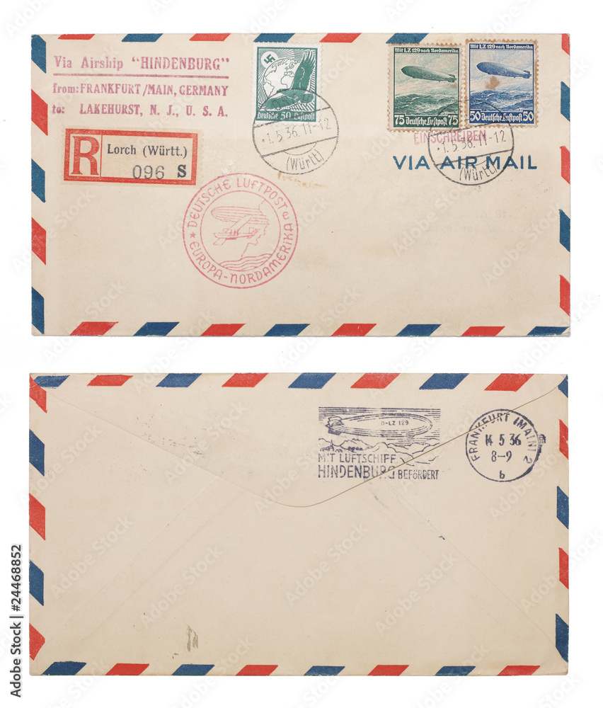 Hindenburg Airmail Envelope Front and Back - obrazy, fototapety, plakaty 