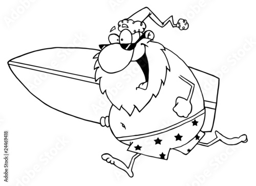 Outlined Cartoon Santa Surfer