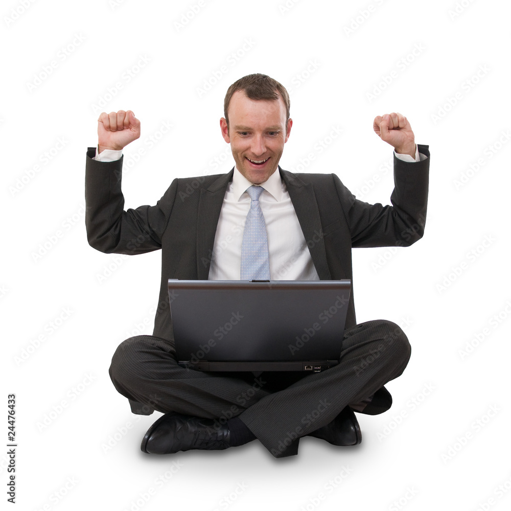 Happy businessman with laptop isolated on white Happy businessman with laptop isolated on white