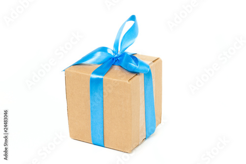 Package box with blue ribbon