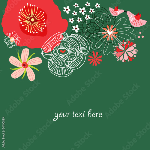 Floral background with cartoon birds in love