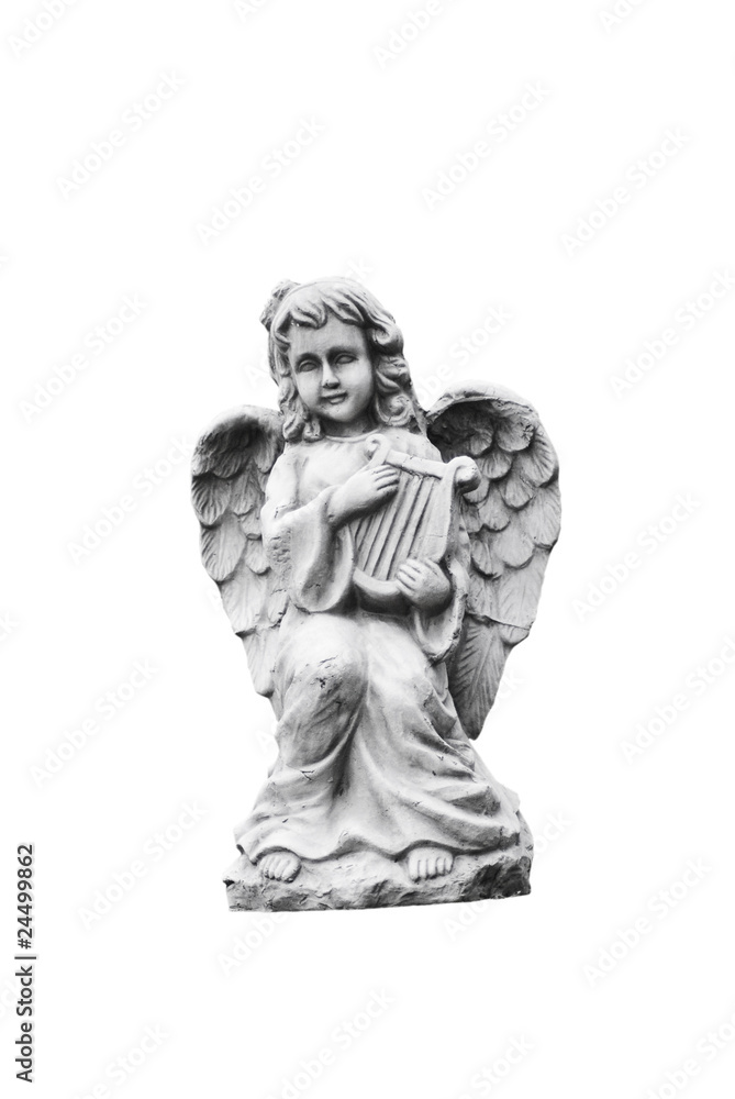 small statue of an angel playing harp - with clipping path