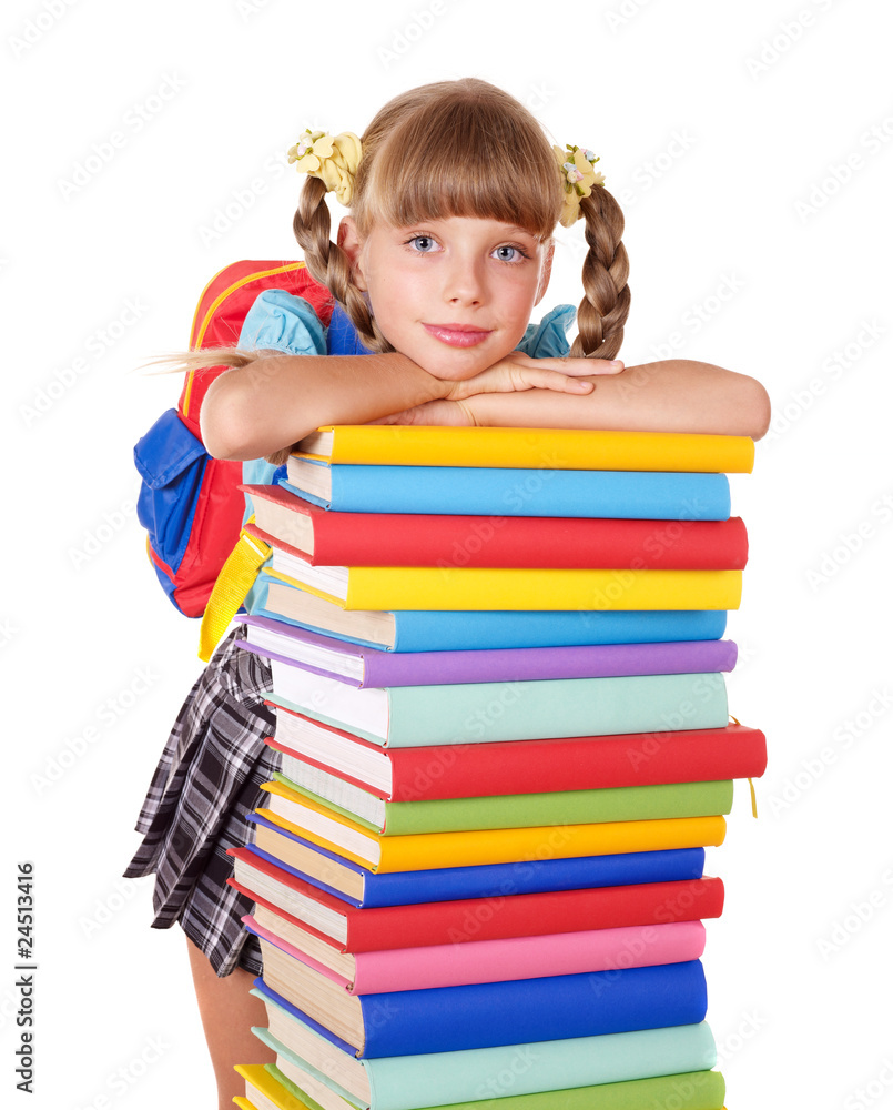 Schoolgirl with backpack holding pile of books. Schoolgirl with backpack holding pile of books.