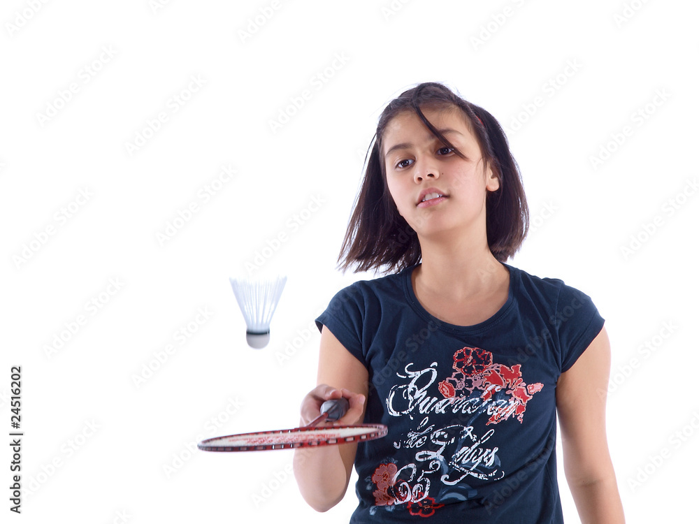 cute girl playing badminton isolated on white background cute girl playing badminton isolated on white background