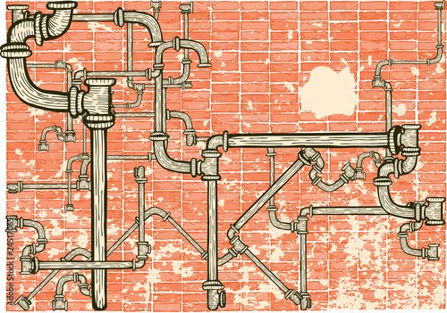 Pipes labyrinth with brick wall
