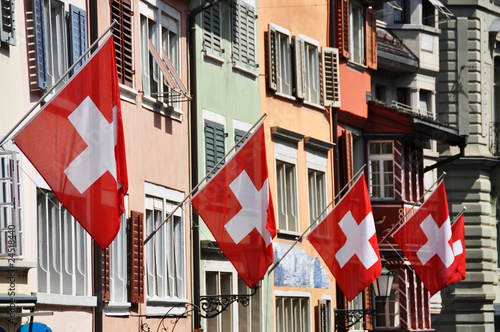 Zurich decorated with flags for the Swiss National Day