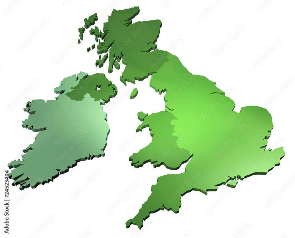 3D map of Great Britain and Ireland on white background