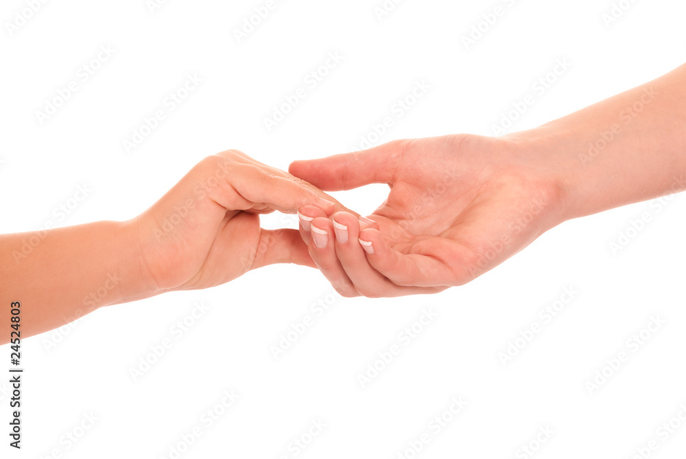 young woman and children girl handshake isolated on white